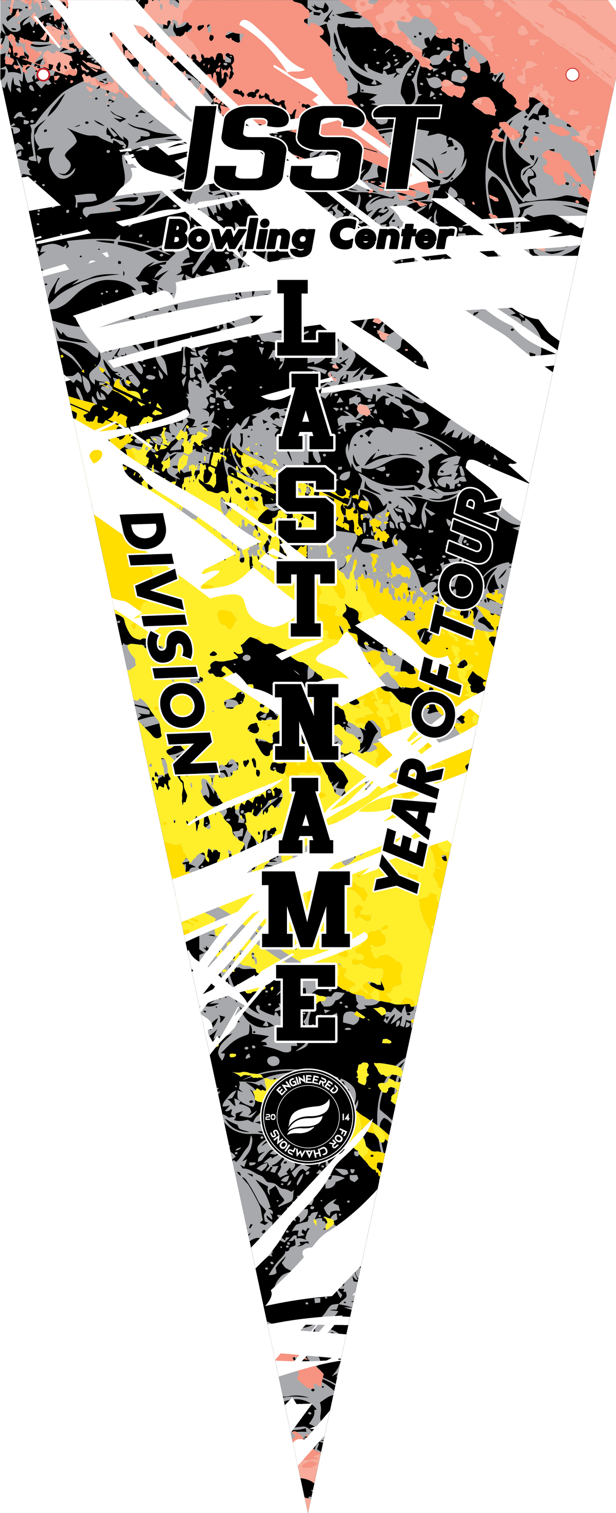 Bowling pennant with black, yellow, and neon orange geometric design and text