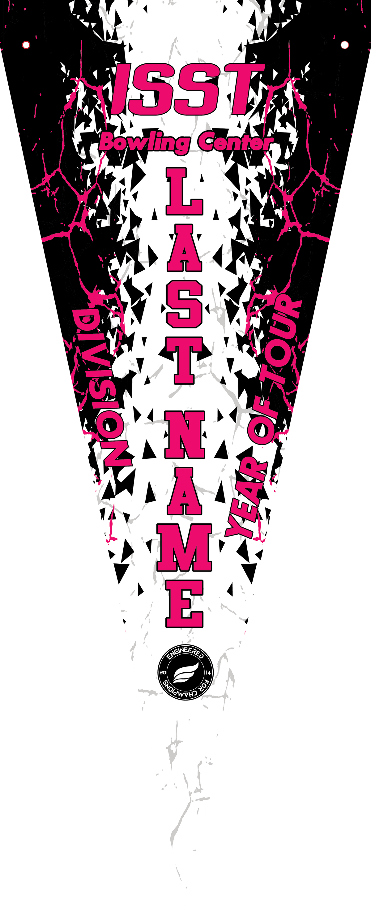 Black and pink bowling pennant with geometric pattern and vertical text design