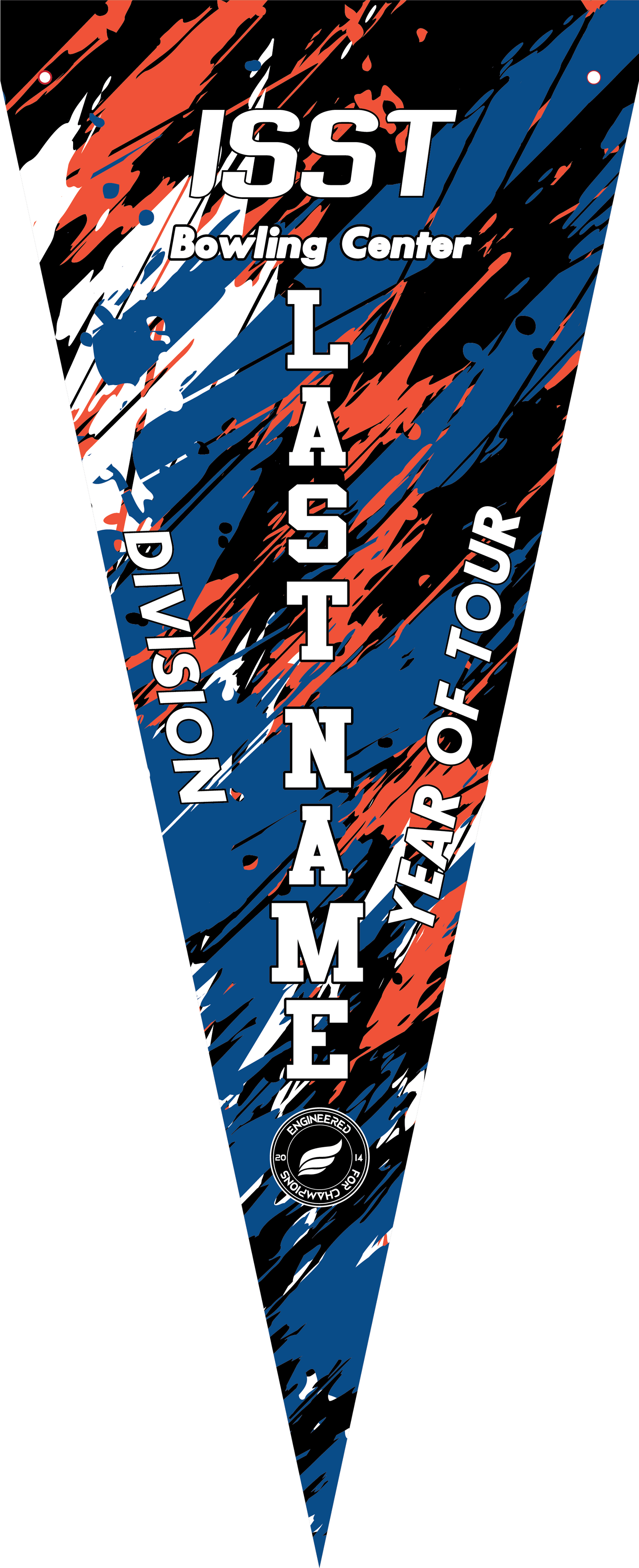 Navy, red, and white bowling pennant with diagonal splatter design and text