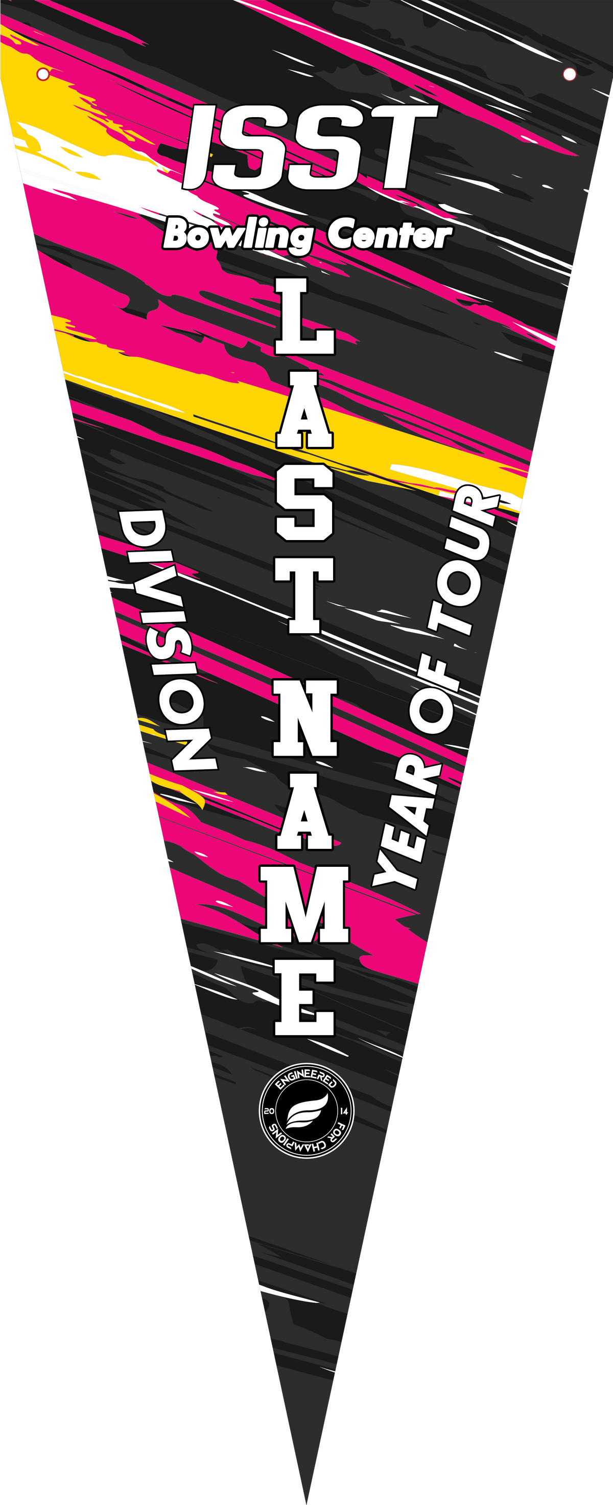 Black bowling pennant with pink, gold, and white diagonal stripes and text