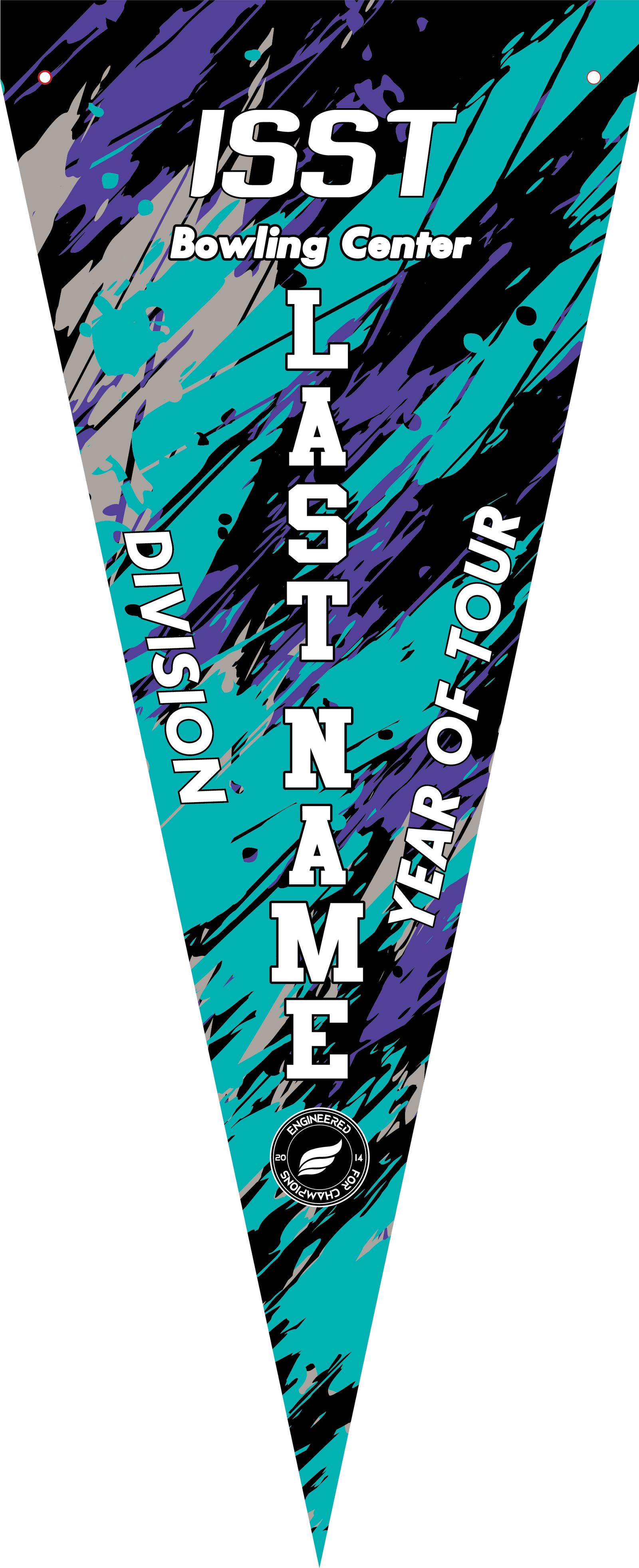 Triangular bowling pennant with teal, purple, and gray abstract streaks and white text