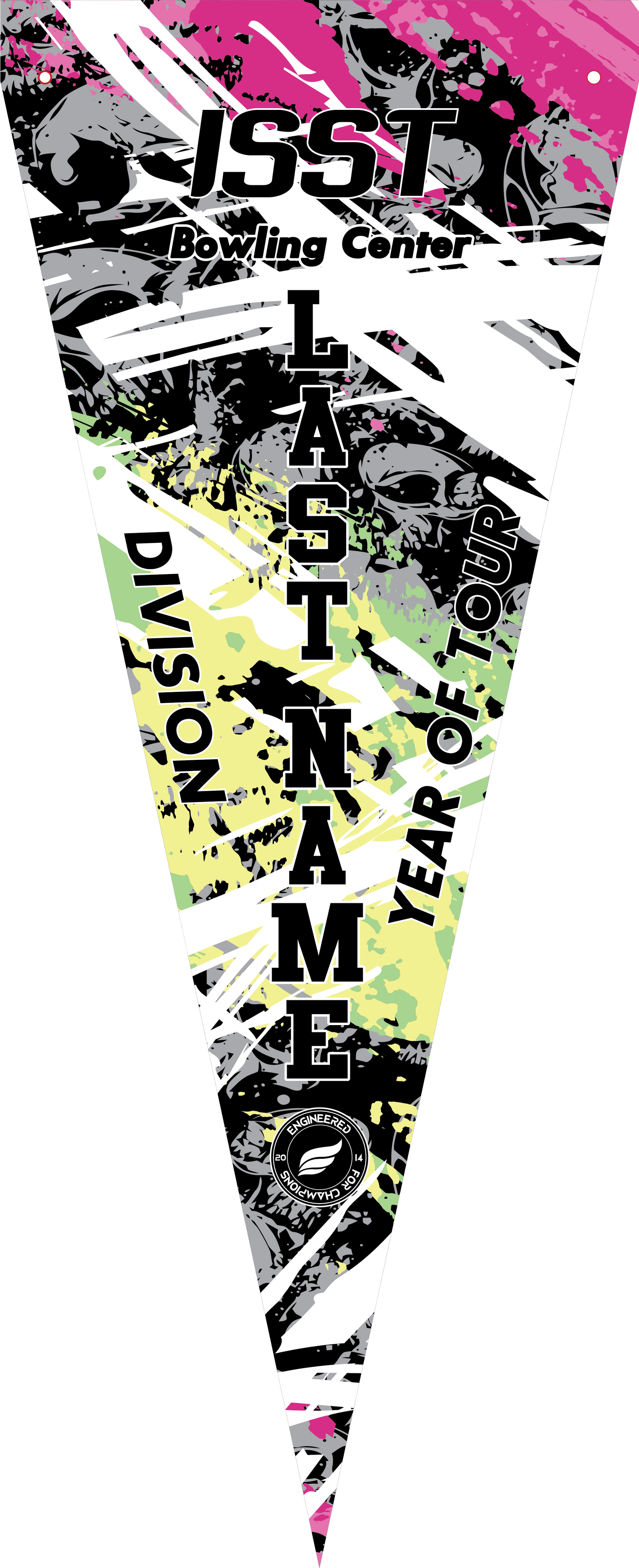 Bowling pennant with black, yellow, and neon orange geometric design and text