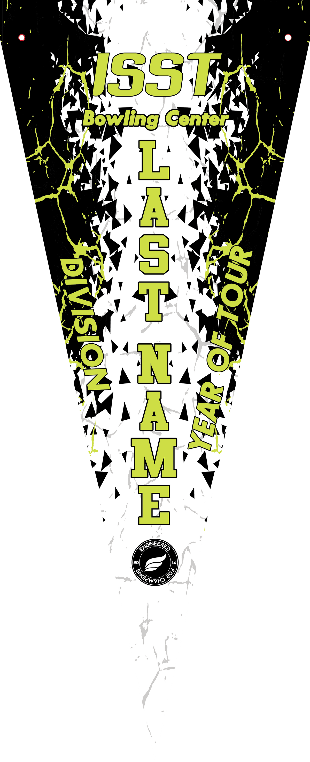 Black and white bowling pennant with lime yellow text and lightning bolt graphic details