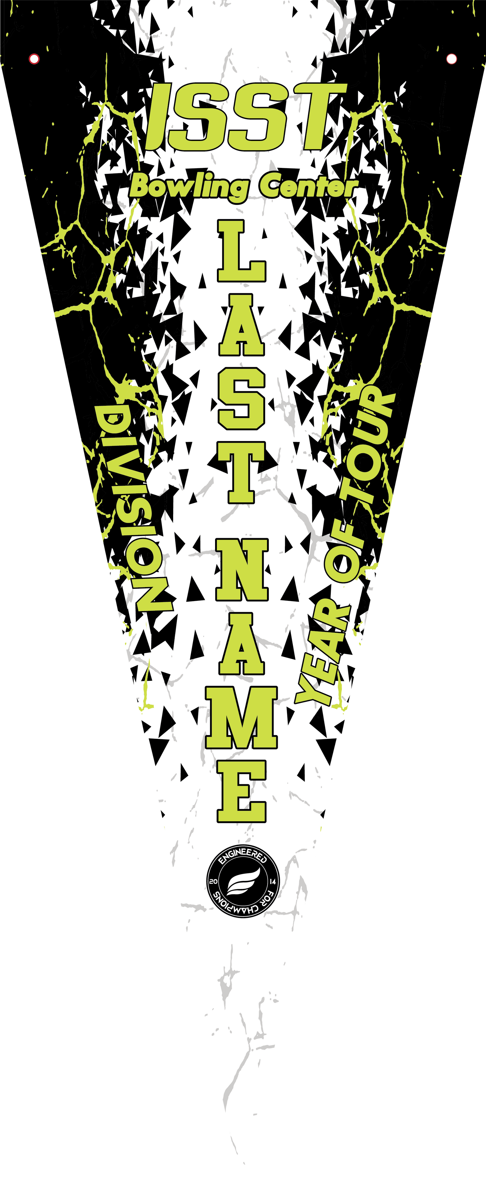 Black and white bowling pennant with lime yellow text and lightning bolt graphic details