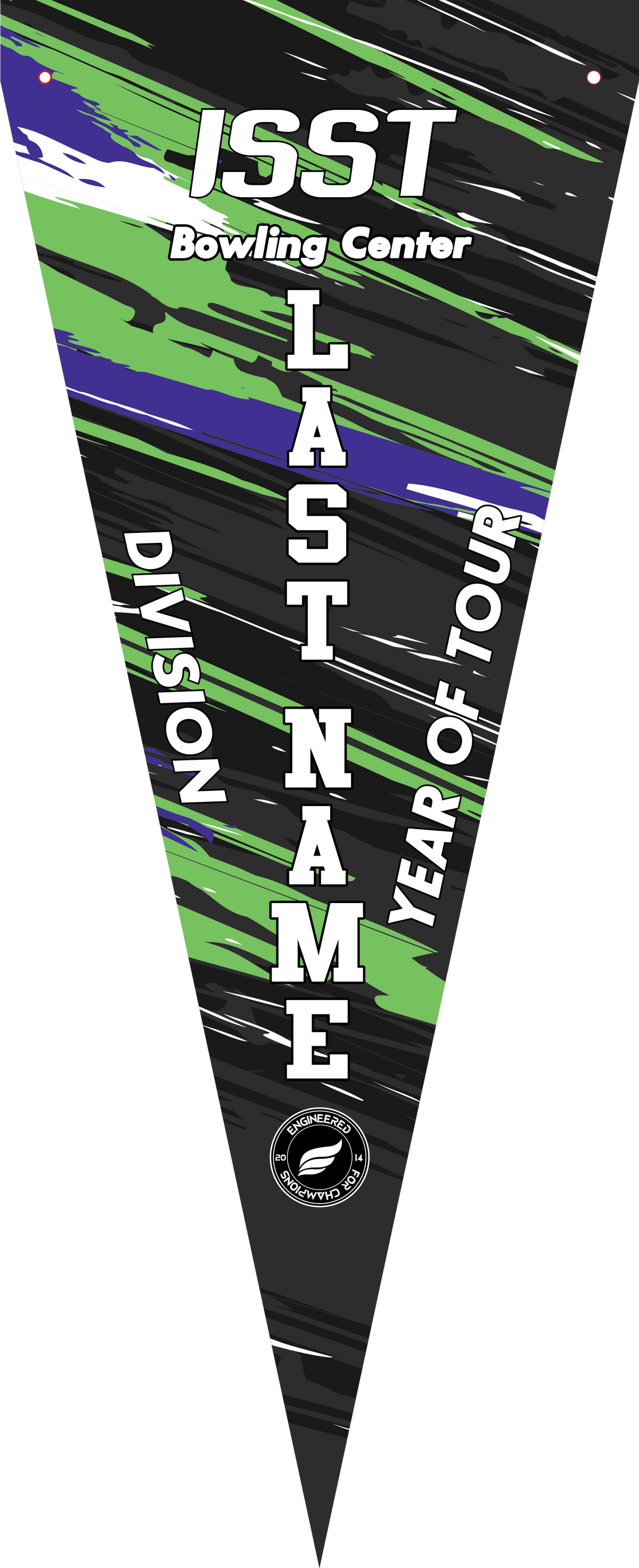 Lime green and purple striped bowling pennant with white text and black sections