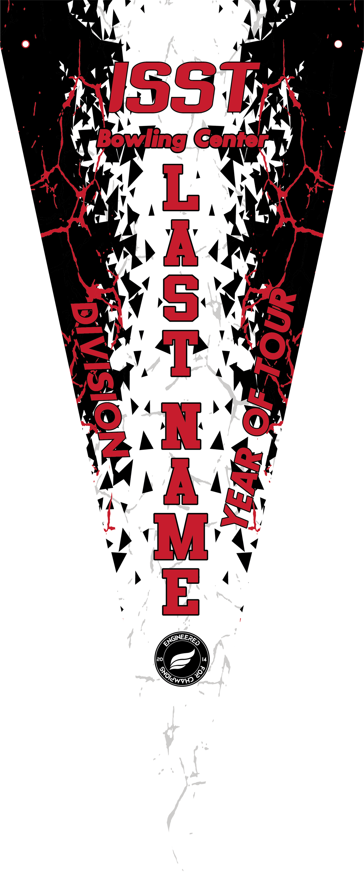 Black bowling pennant with red and white geometric pattern and text