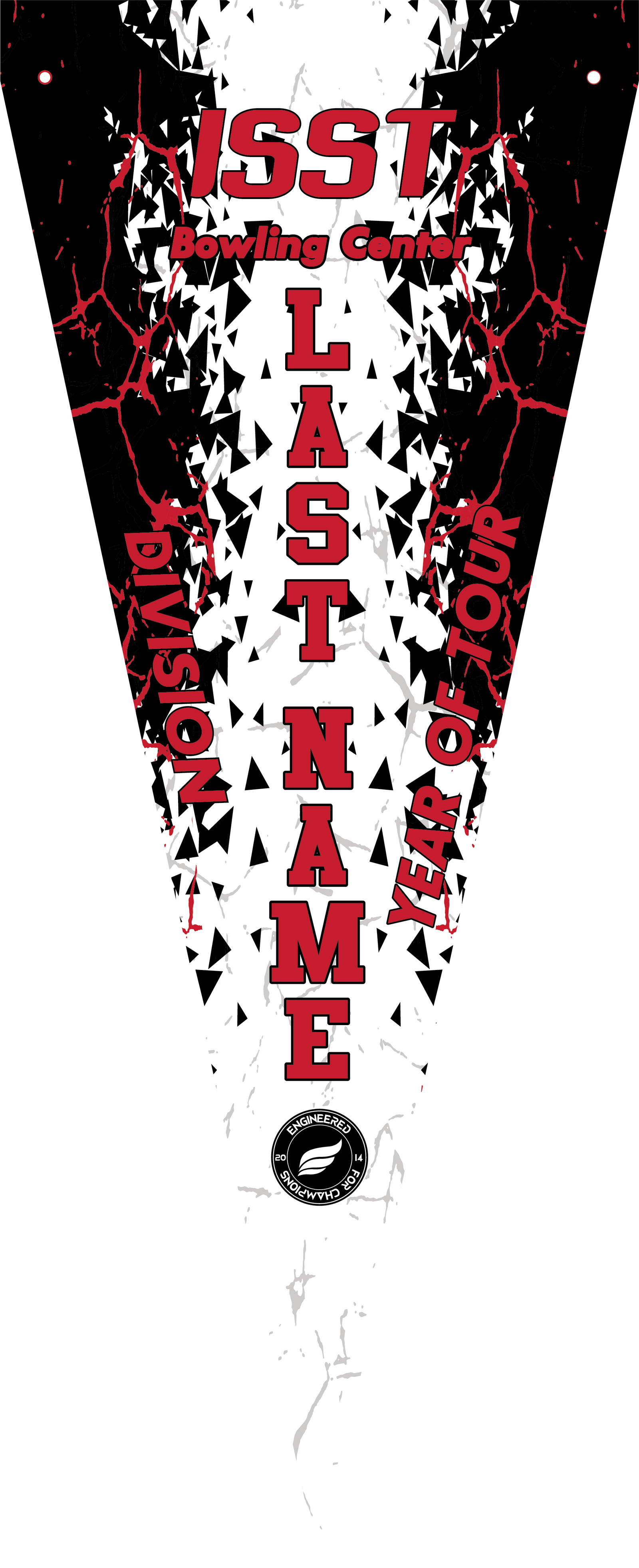 Black bowling pennant with red and white geometric pattern and text