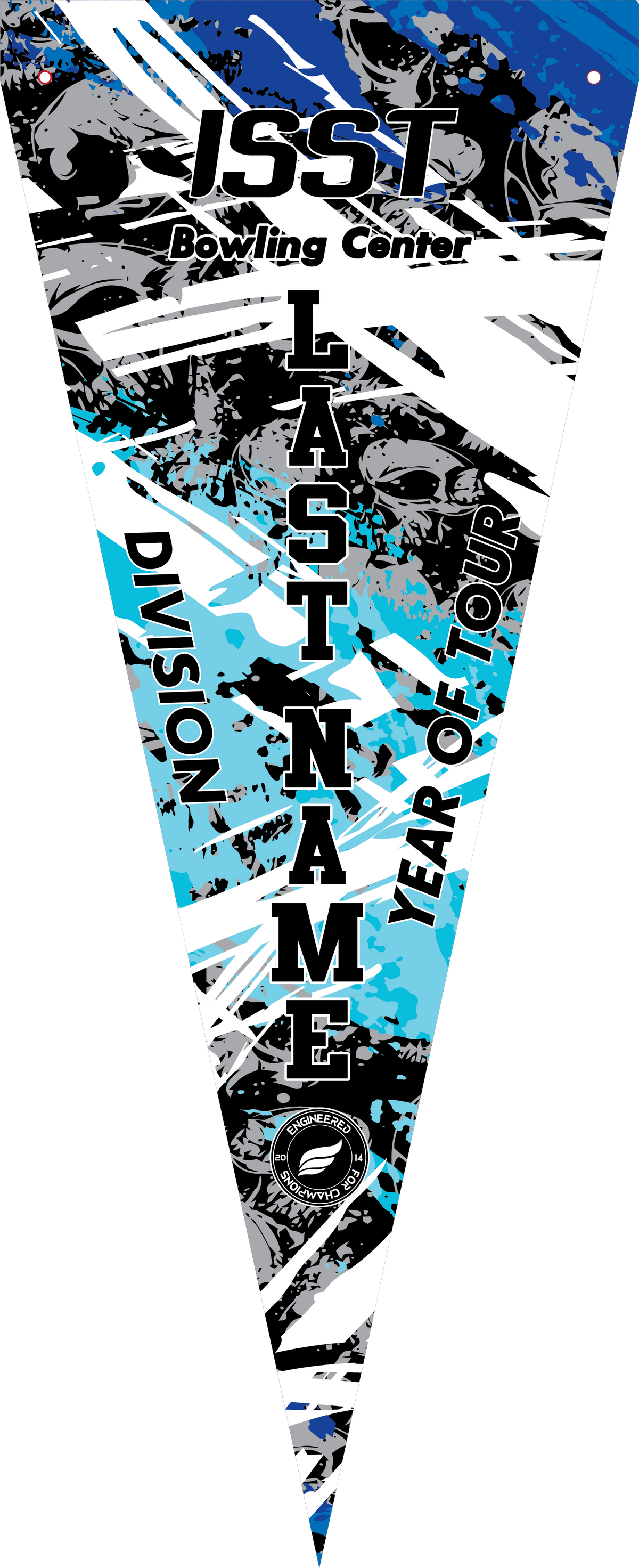 Blue and black bowling pennant with skull graphics and text design