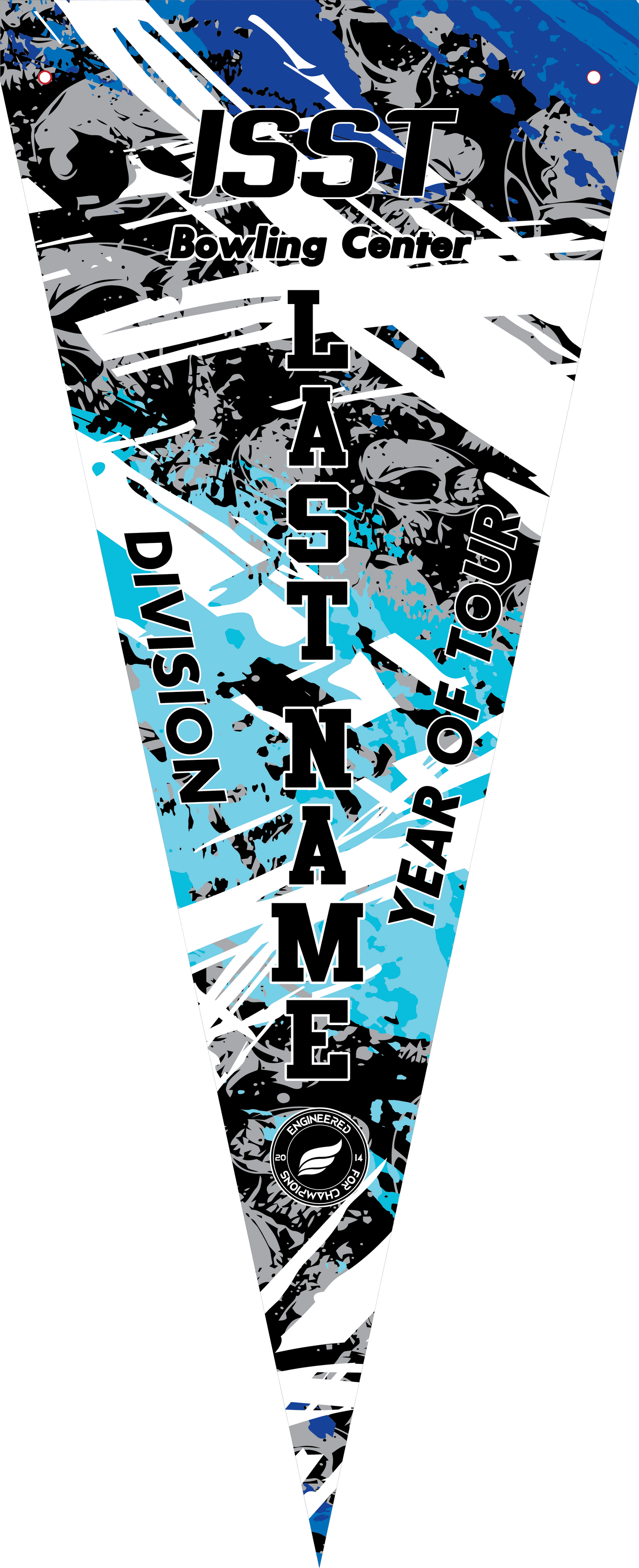 Blue and black bowling pennant with skull graphics and text design