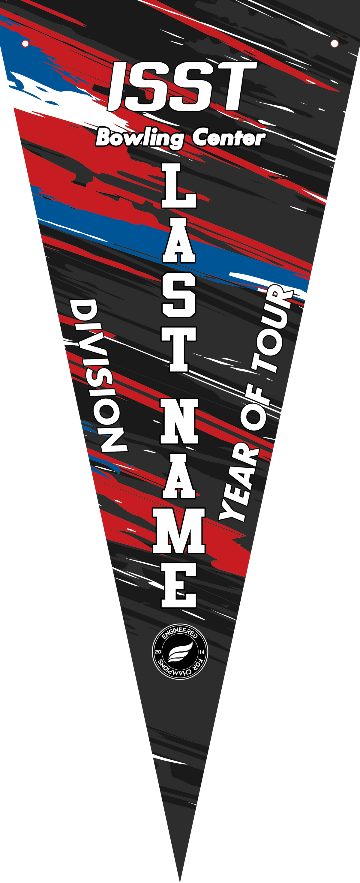 Red and black striped bowling pennant with white text and blue accents