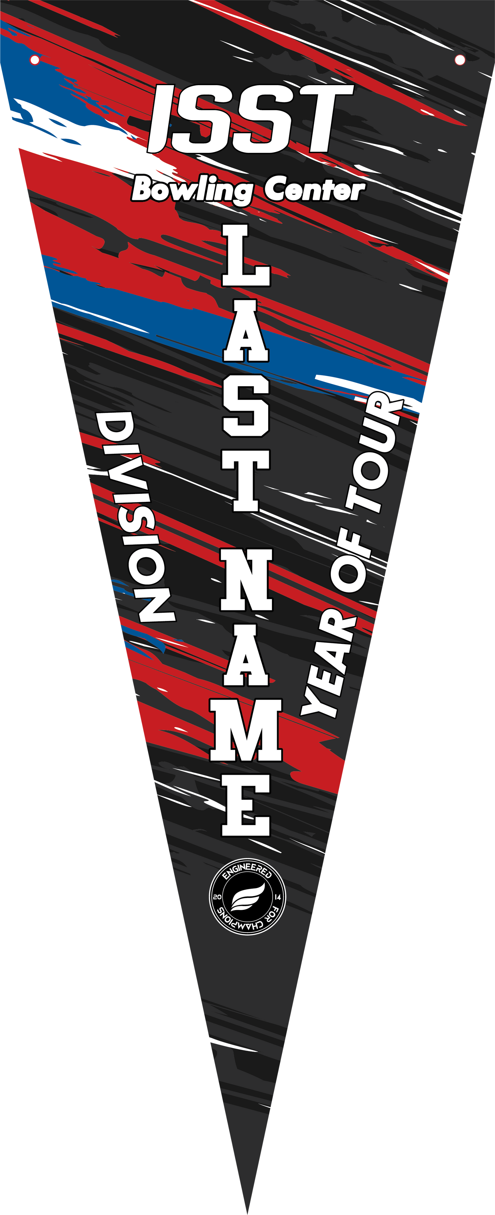Red and black striped bowling pennant with white text and blue accents