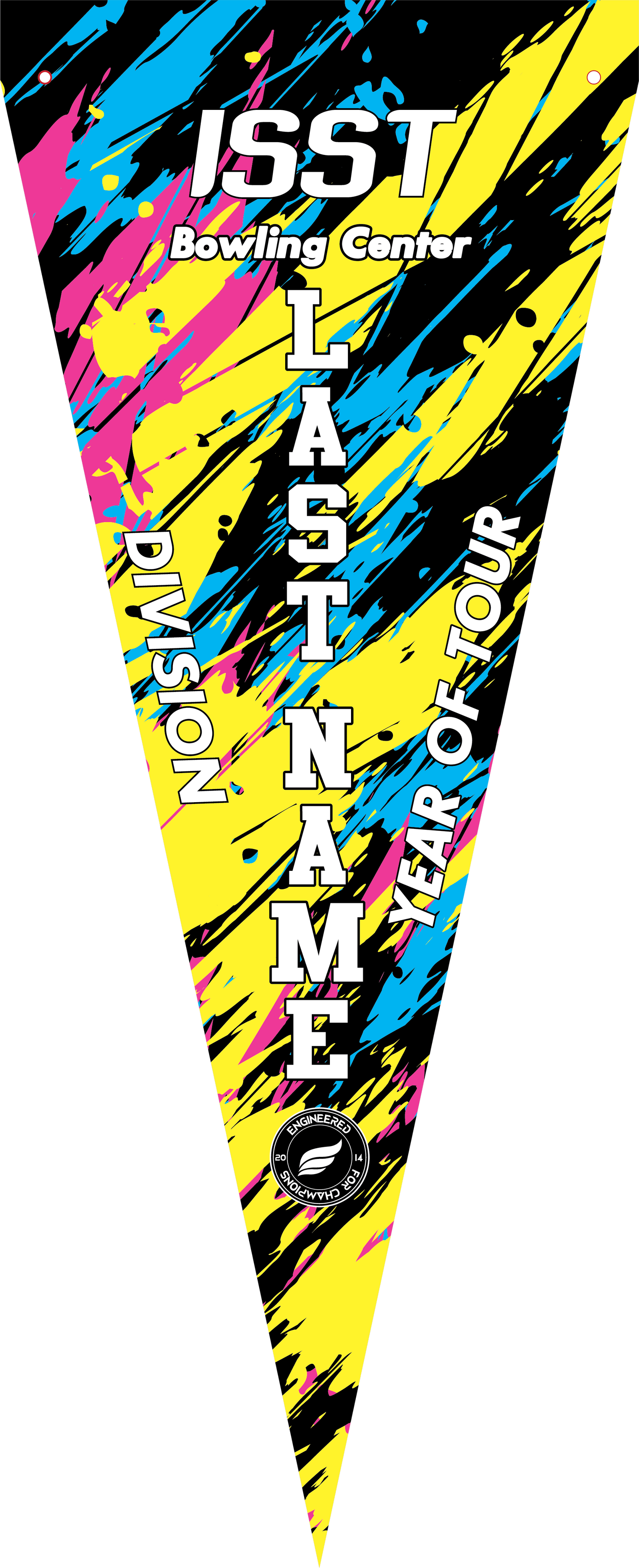 Bowling pennant with yellow, pink, and blue diagonal stripes and white text