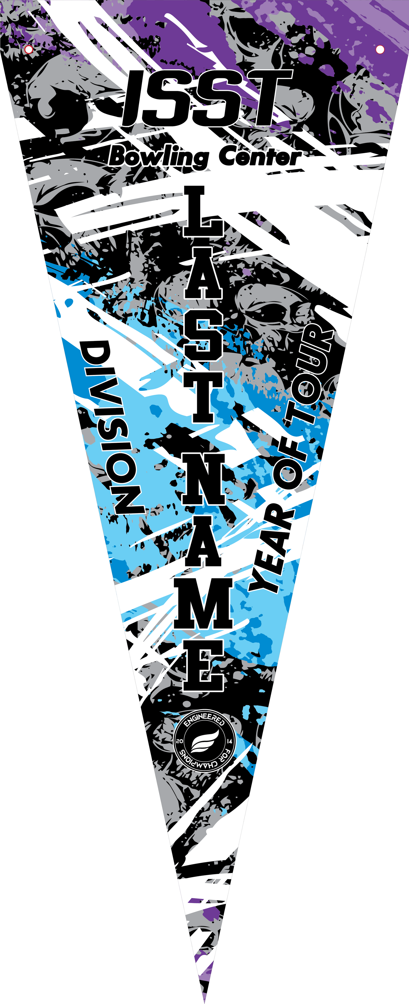 Bowling pennant with black, blue, and purple graffiti-style graphics and text design