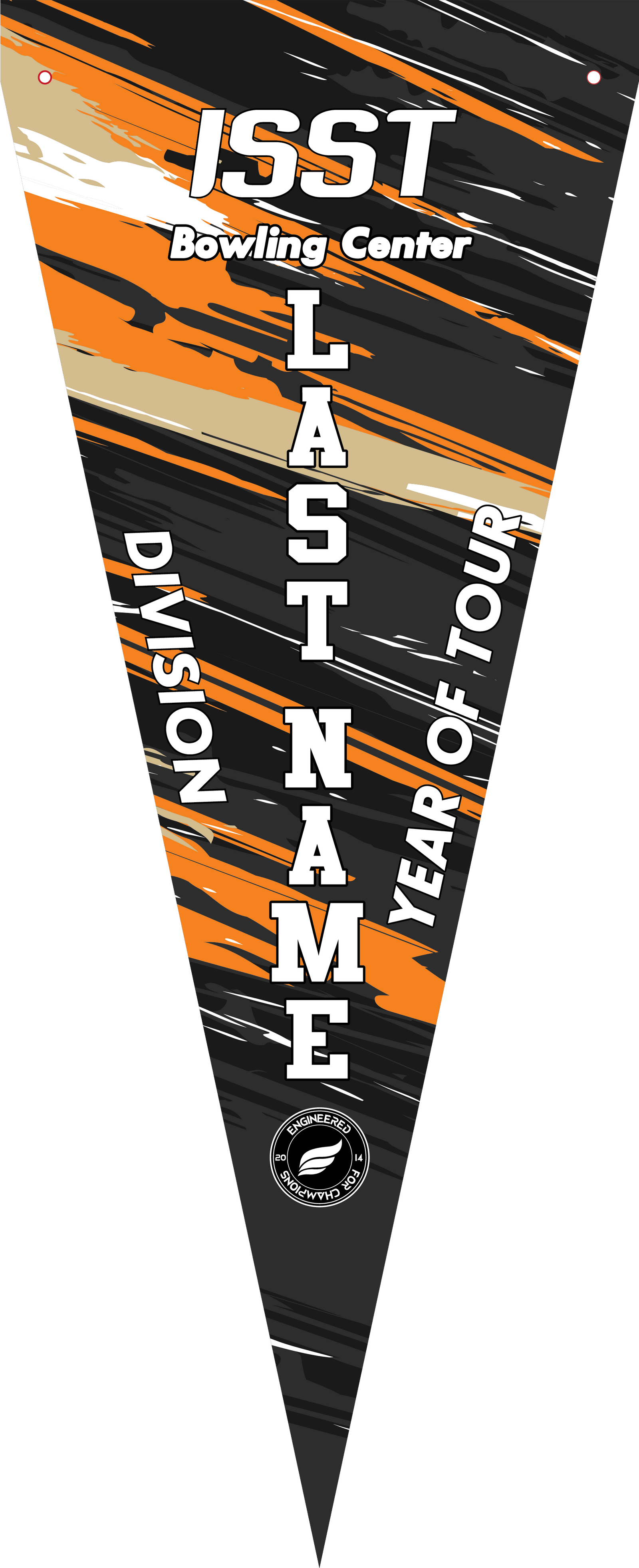 Black and orange striped bowling pennant with white text and logo