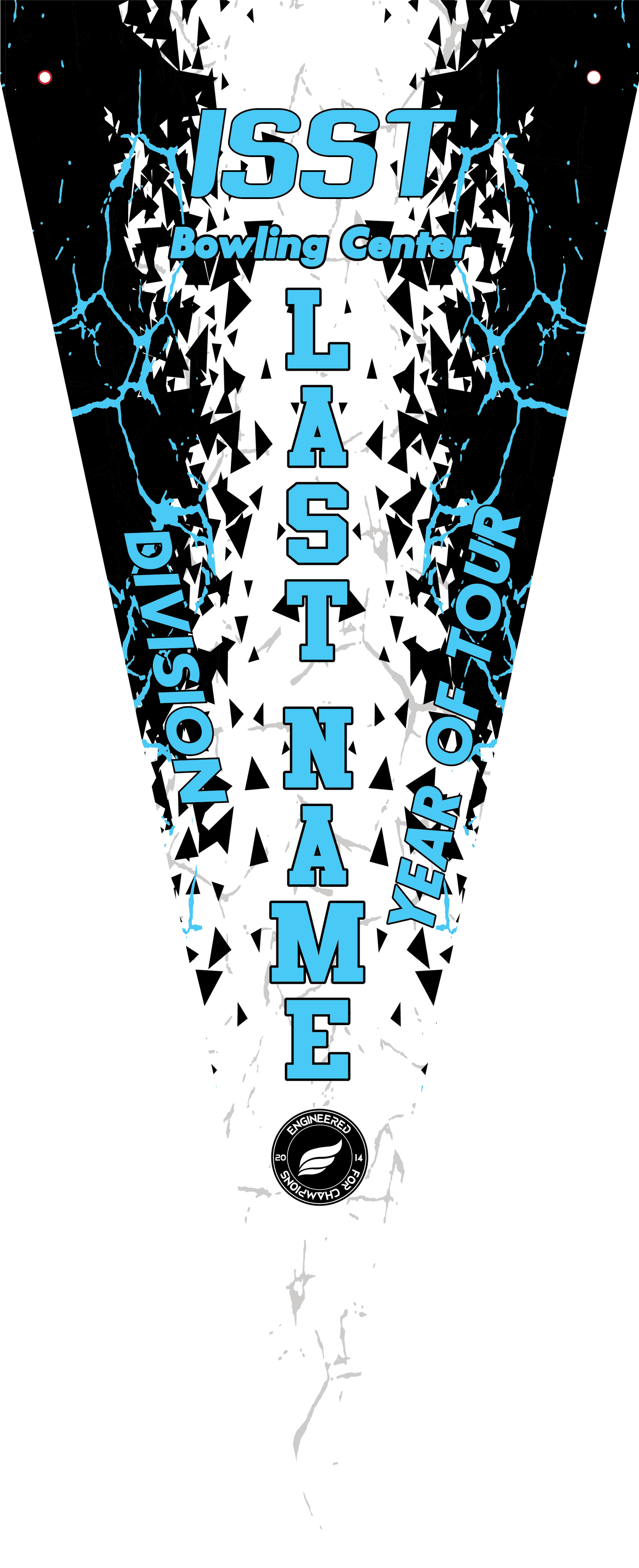 Black and white bowling pennant with blue text and geometric pattern design