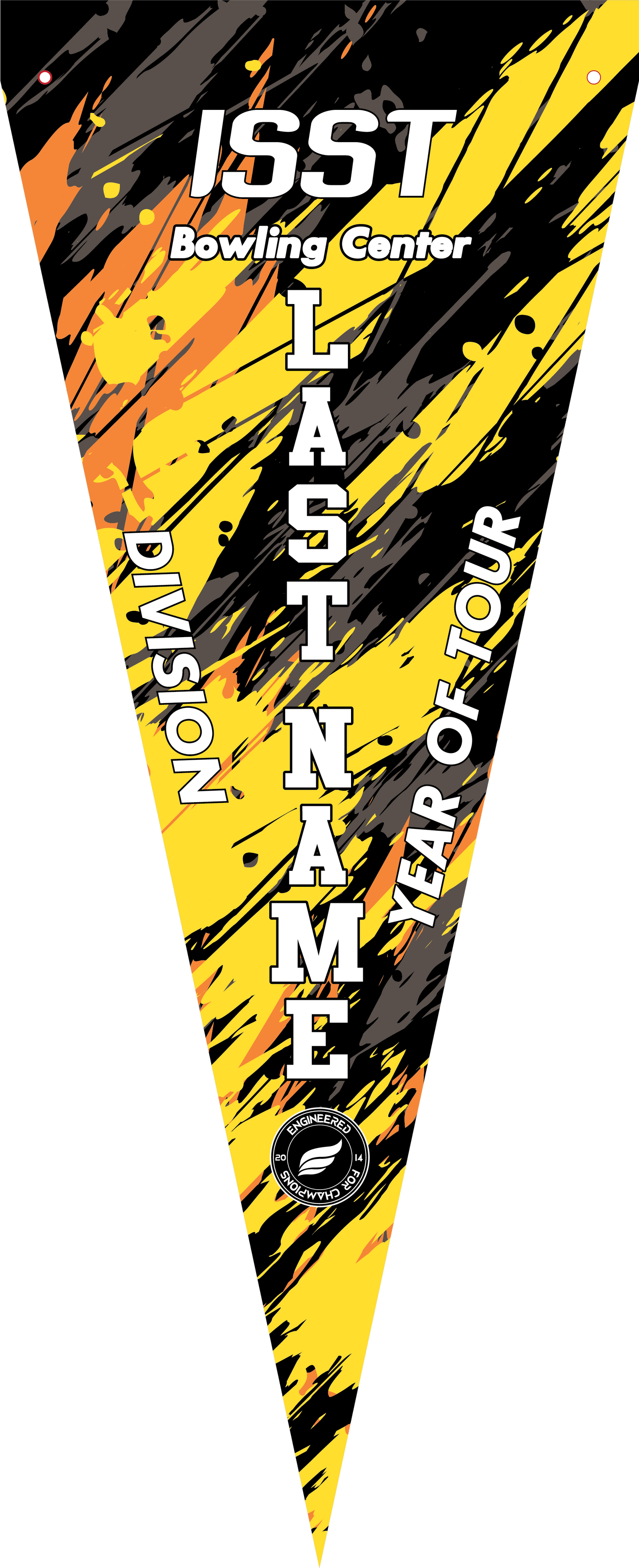 Bowling pennant with yellow, pink, and blue diagonal stripes and white text