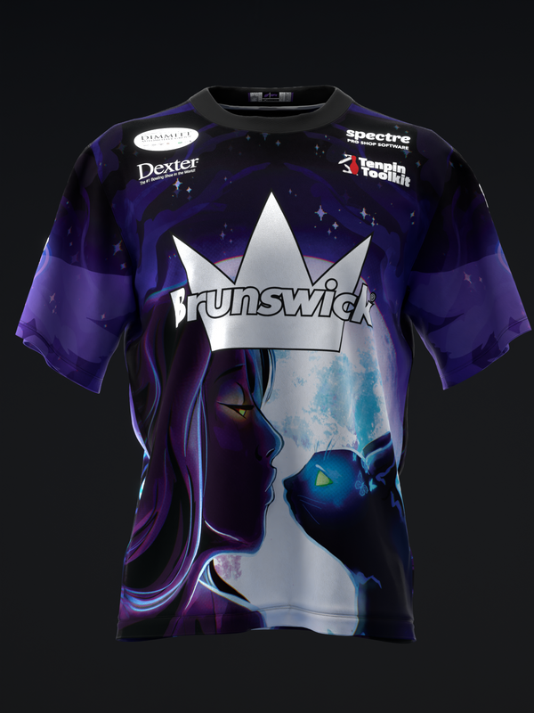 Black and purple bowling jersey with Brunswick crown logo and mystical cat graphic