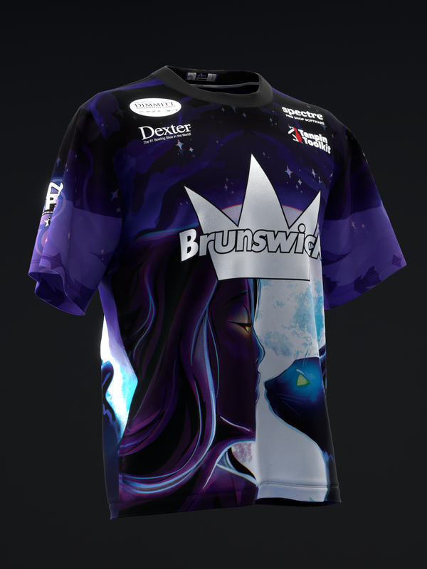 Purple bowling jersey with Brunswick logo and abstract swirl design front view