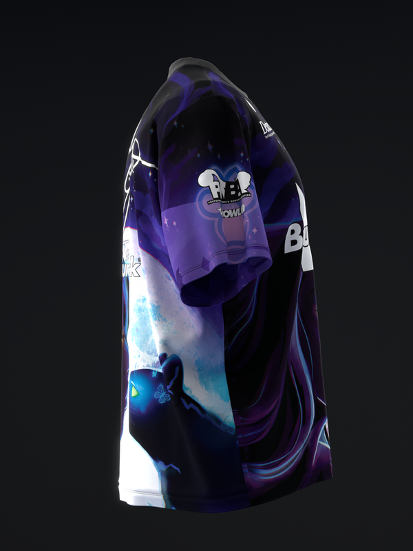 Black and purple bowling jersey with spooky cat graphic design, front view