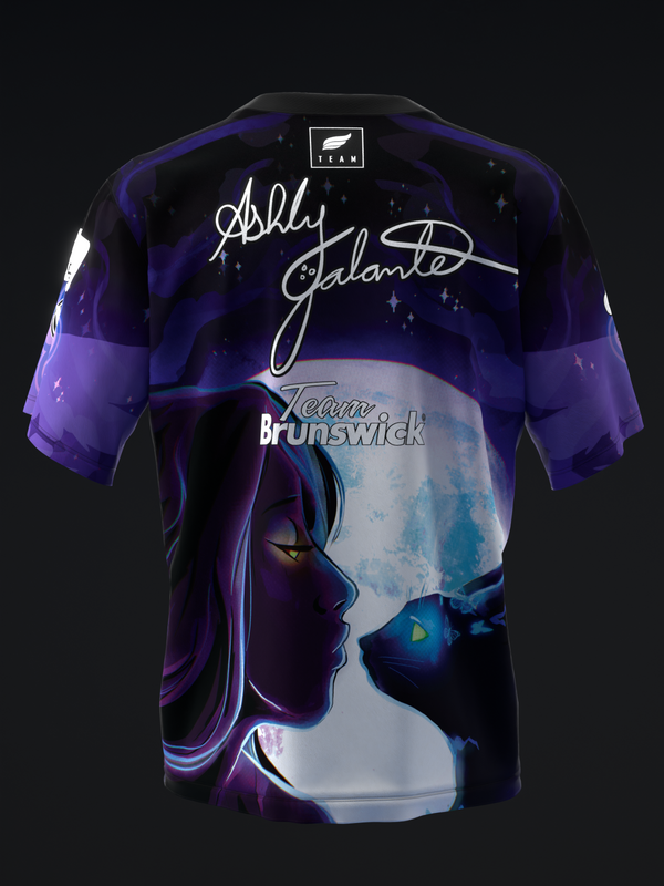 Black bowling jersey with purple tones and stylized cat graphic, front view