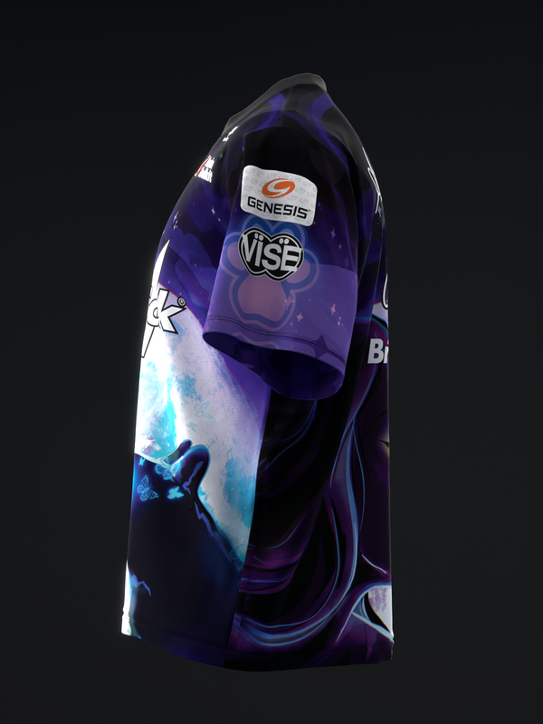 Black bowling jersey with purple gradient and glowing cat graphic design