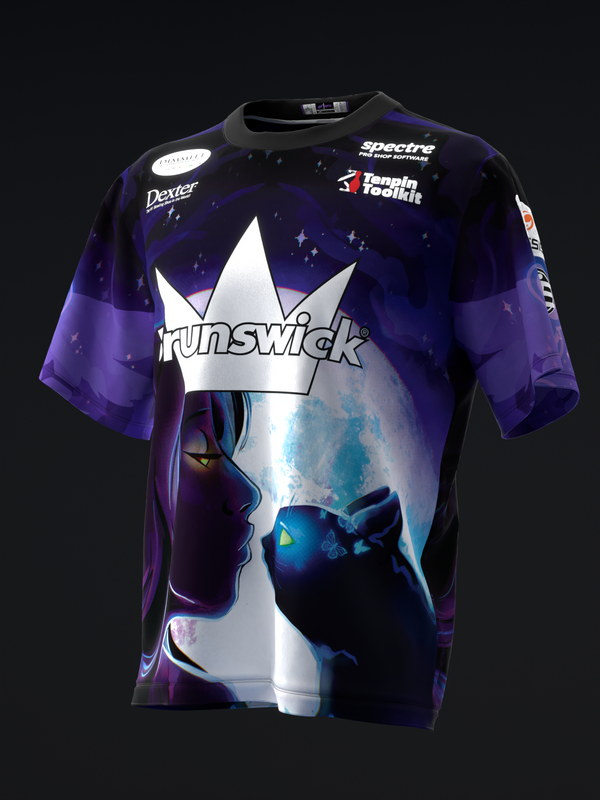 Black and purple bowling jersey with white crown logo and cat graphic design