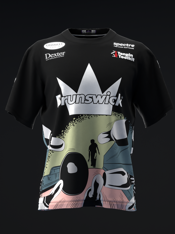 Black bowling jersey with Brunswick crown logo and comic-style illustrated graphic front view