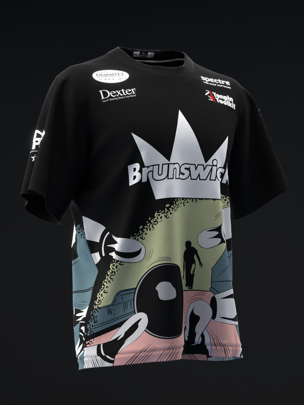 Black bowling jersey with Brunswick logo and colorful comic-style graphic on front.