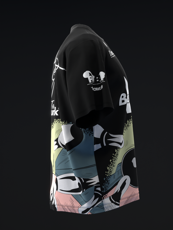 Black bowling jersey with comic-style graphic of bowling pins and shoes