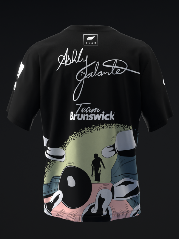 Black bowling jersey with comic-style graphic and Team Brunswick text, back view