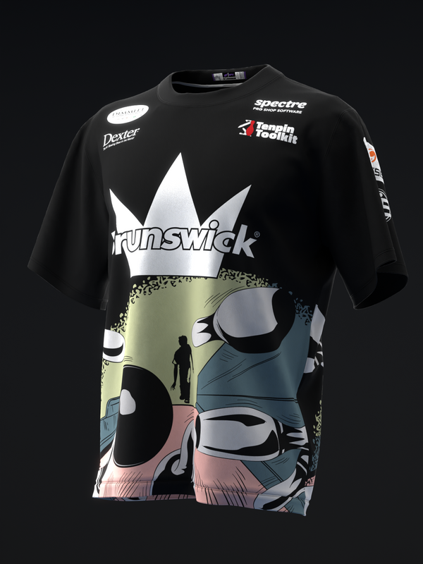 Black bowling jersey with Brunswick crown logo and colorful comic-style graphic front view
