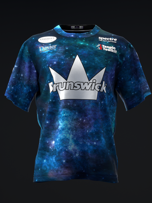 Blue galaxy print bowling jersey with white Brunswick crown logo and sponsor text