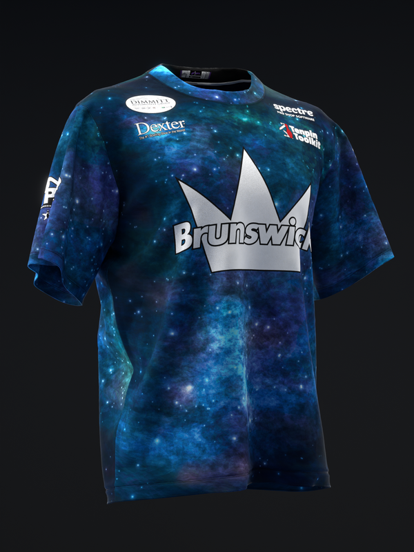 Dark blue galaxy-patterned bowling jersey with white Brunswick crown logo front view