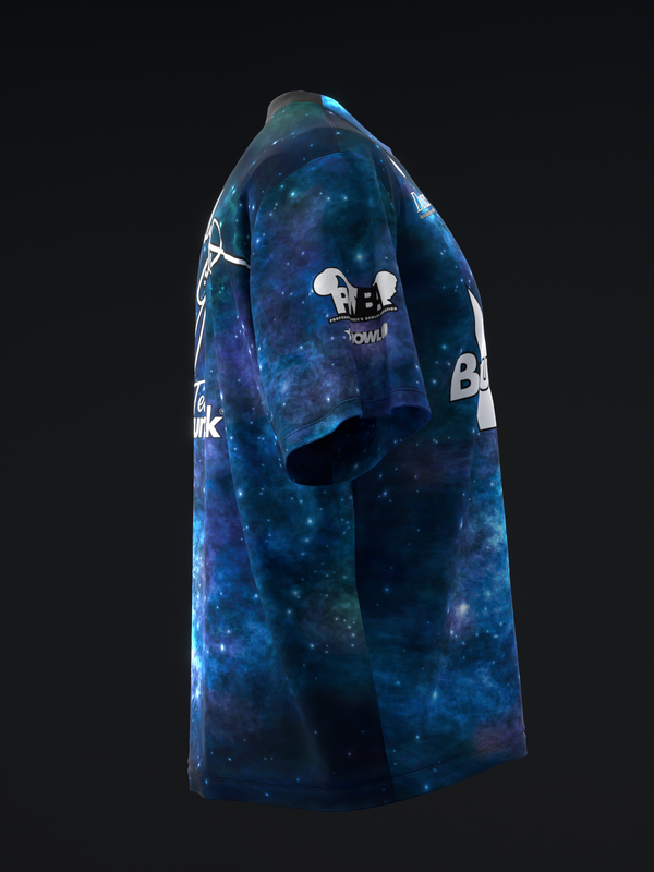 Blue galaxy-print bowling jersey with white bowling pins graphic on front