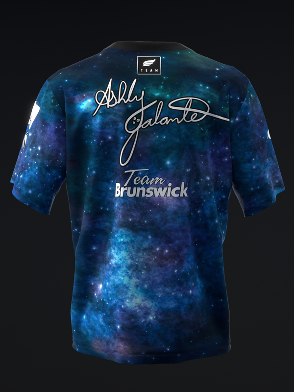 Back view of navy galaxy-patterned bowling jersey with script signatures and text