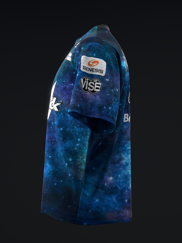 Galaxy-patterned bowling jersey in deep blue with white speckles and logos
