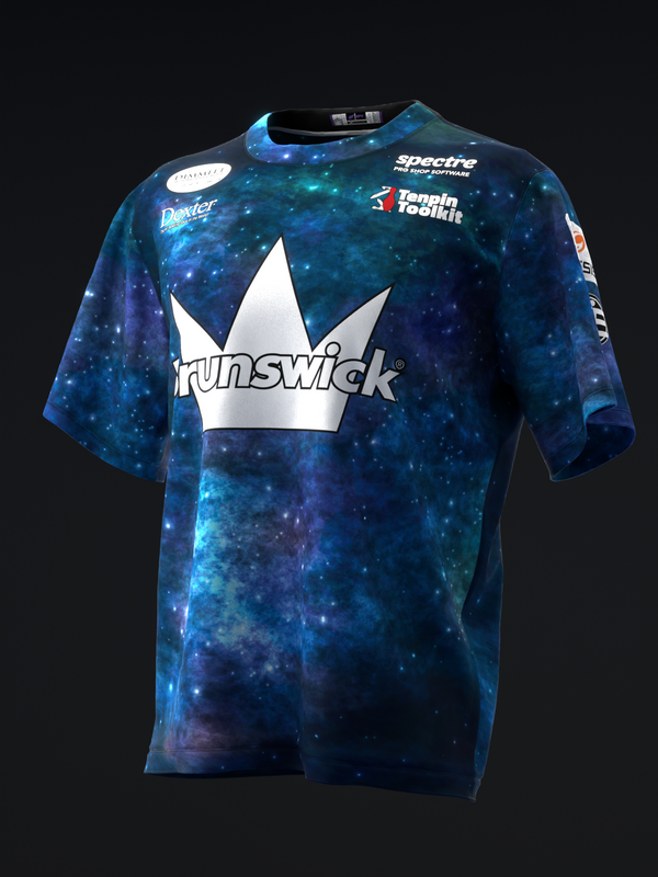 Galaxy-patterned bowling jersey with white crown and Brunswick logo front view