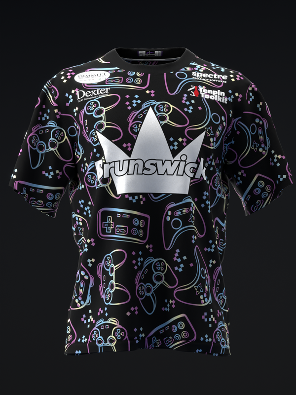 Black bowling jersey with neon gaming controller pattern and silver crown logo front view