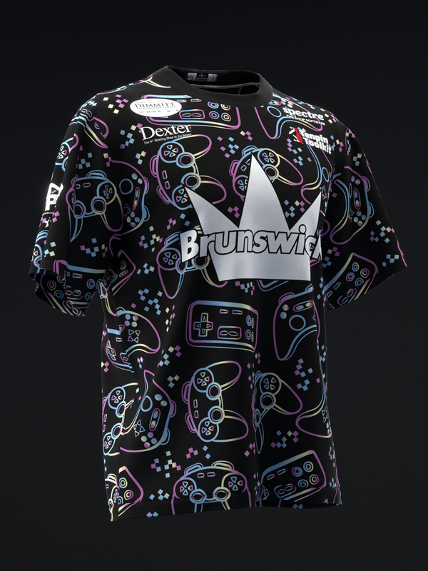 Black bowling jersey with neon gaming controller pattern and white Brunswick logo