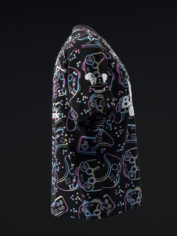 Black bowling jersey with neon gaming controller and joystick pattern throughout