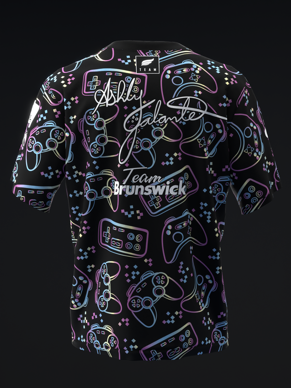 Black bowling jersey with neon gaming controller pattern and script text