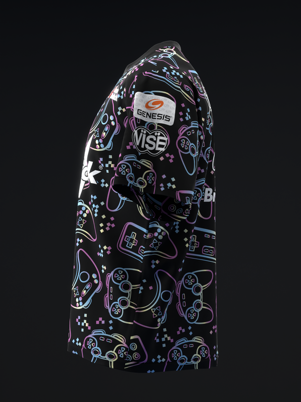 Black bowling jersey with neon gaming controller and joystick pattern, side view