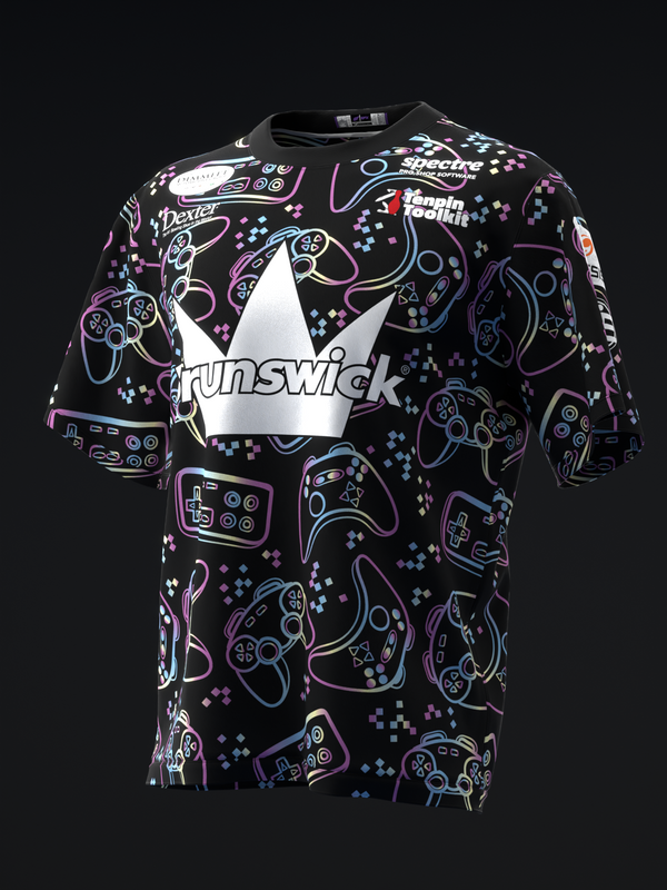Black bowling jersey with neon joystick and gaming controller pattern, white crown logo front