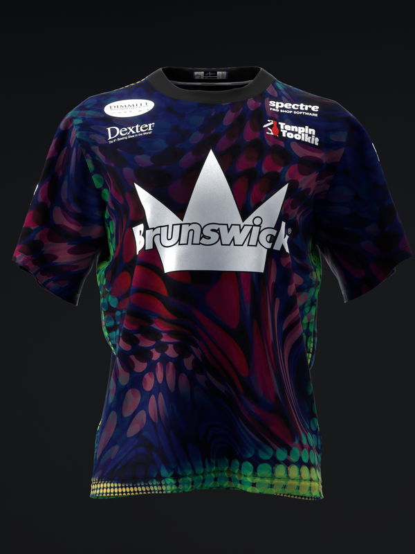 Front view of dark bowling jersey with vibrant oil spill gradient pattern and white crown logo.