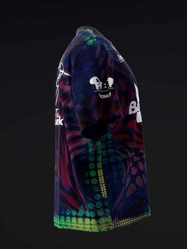 Bowling jersey with dark blue, purple, and green oil spill graphic design pattern