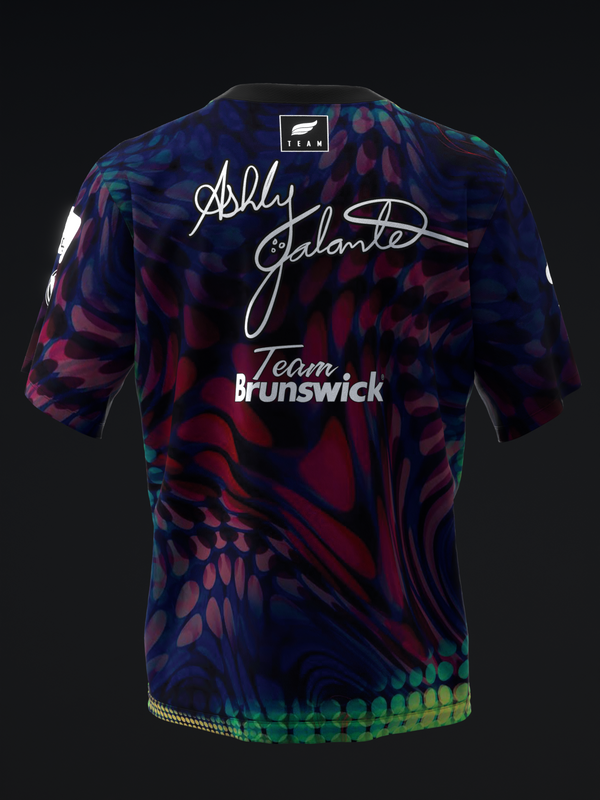 Back view of bowling jersey with blue, purple, and green oil spill pattern and signature