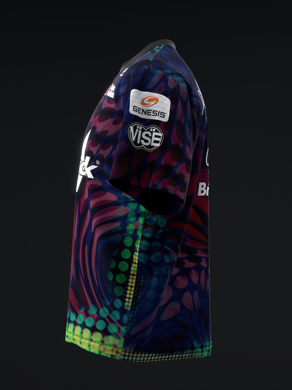 Bowling jersey with dark blue, red, and neon green oil spill graphic pattern, side view