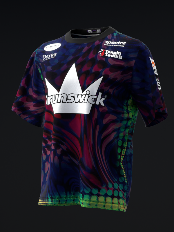 Dark bowling jersey with swirling oil spill pattern and white crown logo, front view