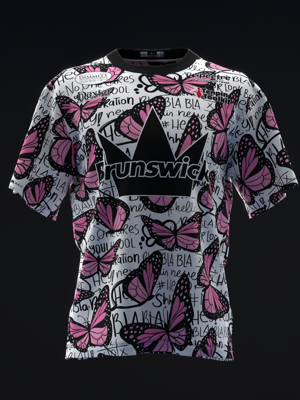 Pink and purple butterflies with black text on white bowling jersey, front view