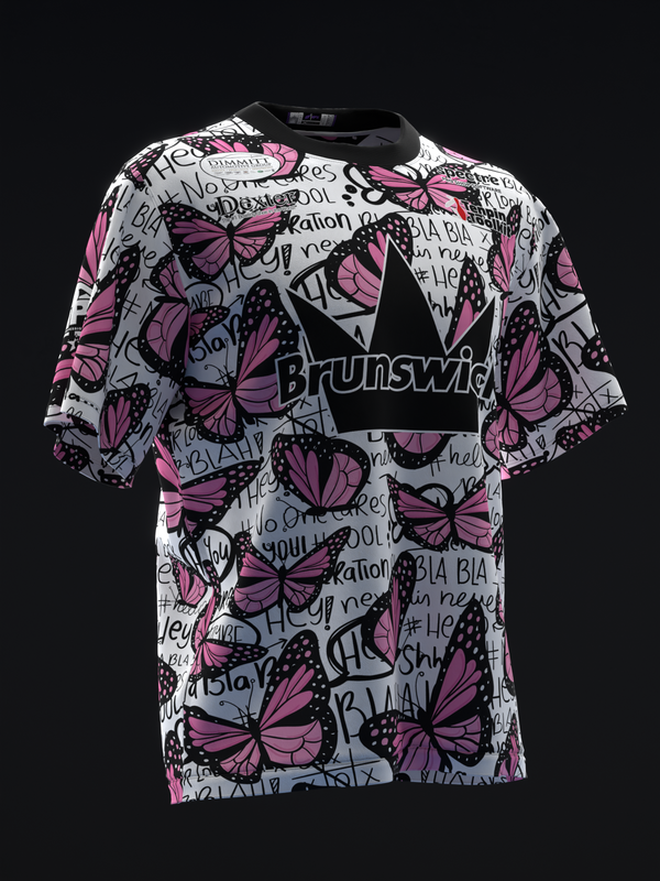 Brunswick bowling jersey with pink butterflies and black text pattern on white